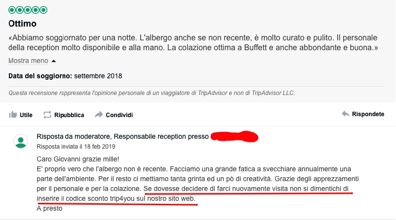 Dettagli di una prenotazione hotel con codice sconto Trip for you incluso nella descrizione della camera.