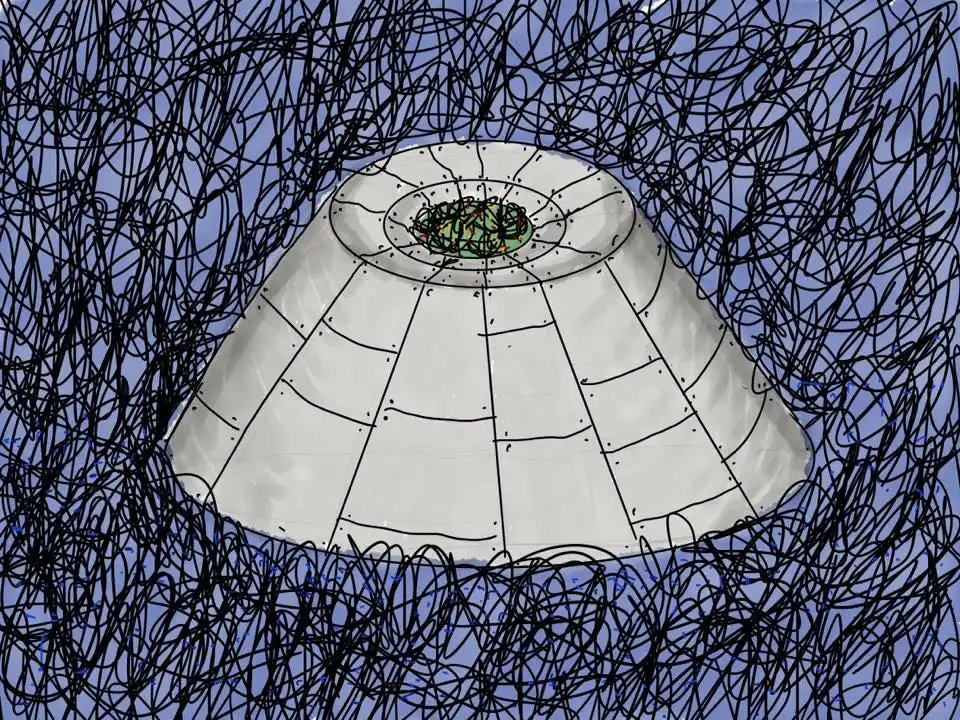 Schizzo futuristico di una struttura metallica circolare inserita in un contesto naturale con disegni astratti.