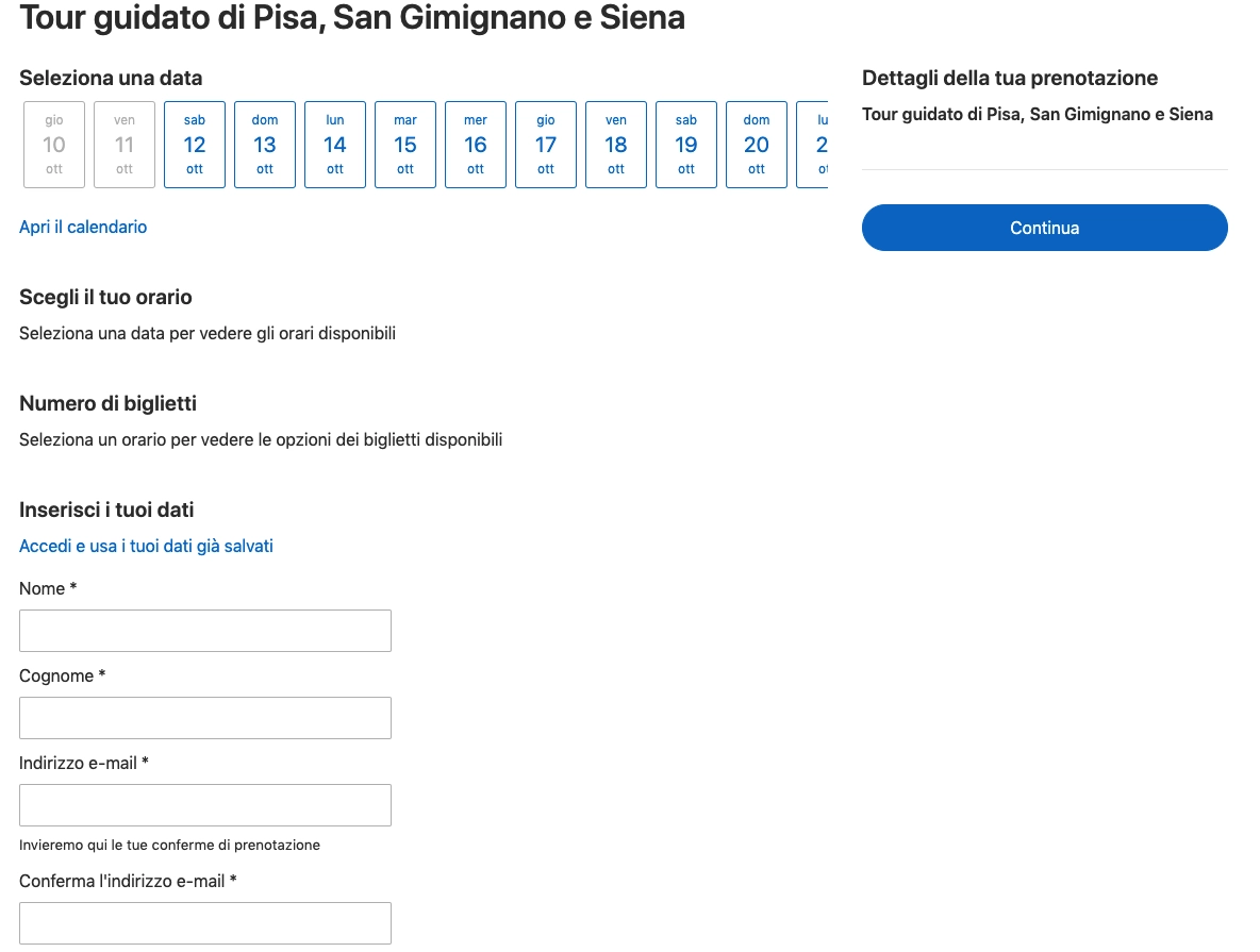 Pagina di prenotazione tour guidato di Pisa, San Gimignano e Siena con selezione data, orario e numero di biglietti.