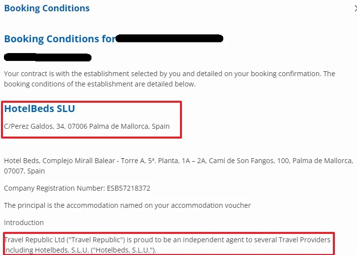 Condizioni di prenotazione di Travel Republic per HotelBeds SLU, con dettagli del fornitore e indirizzo a Palma de Mallorca.