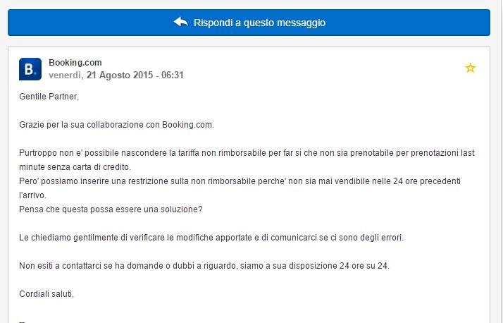 Email di Booking.com riguardante le tariffe non rimborsabili e le restrizioni per prenotazioni last minute senza carta di credito.