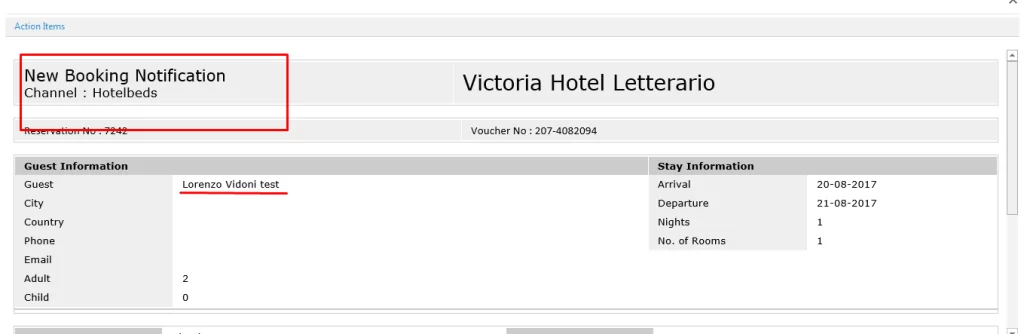 Notifica di nuova prenotazione tramite Hotelbeds per Victoria Hotel Letterario, informazioni sull'ospite e soggiorno.