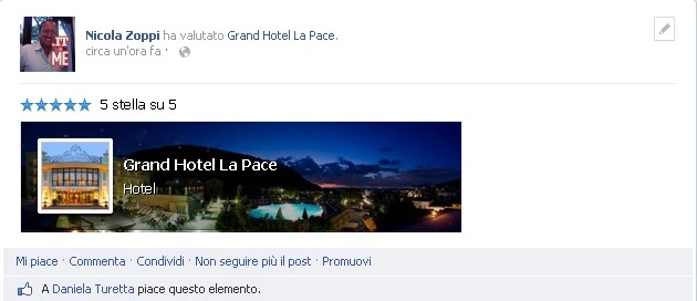 Valutazione a 5 stelle di Nicola Zoppi per il Grand Hotel La Pace, con foto dell'hotel e opzioni di interazione.