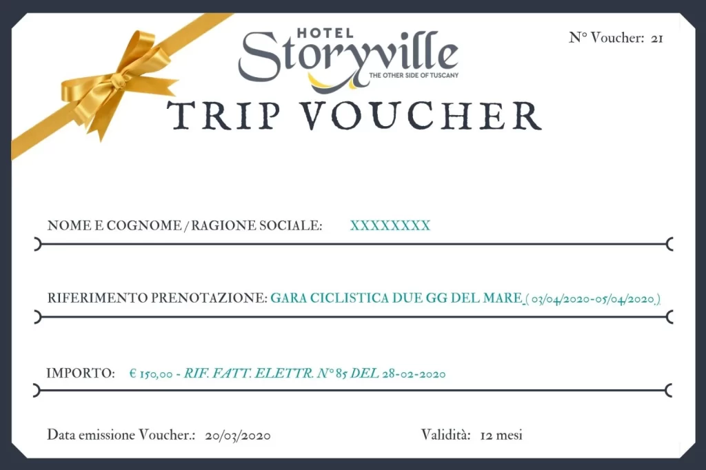 Trip Voucher dell'Hotel Storyville per una prenotazione di gara ciclistica del mare, valido per 12 mesi, emesso il 20/03/2020.