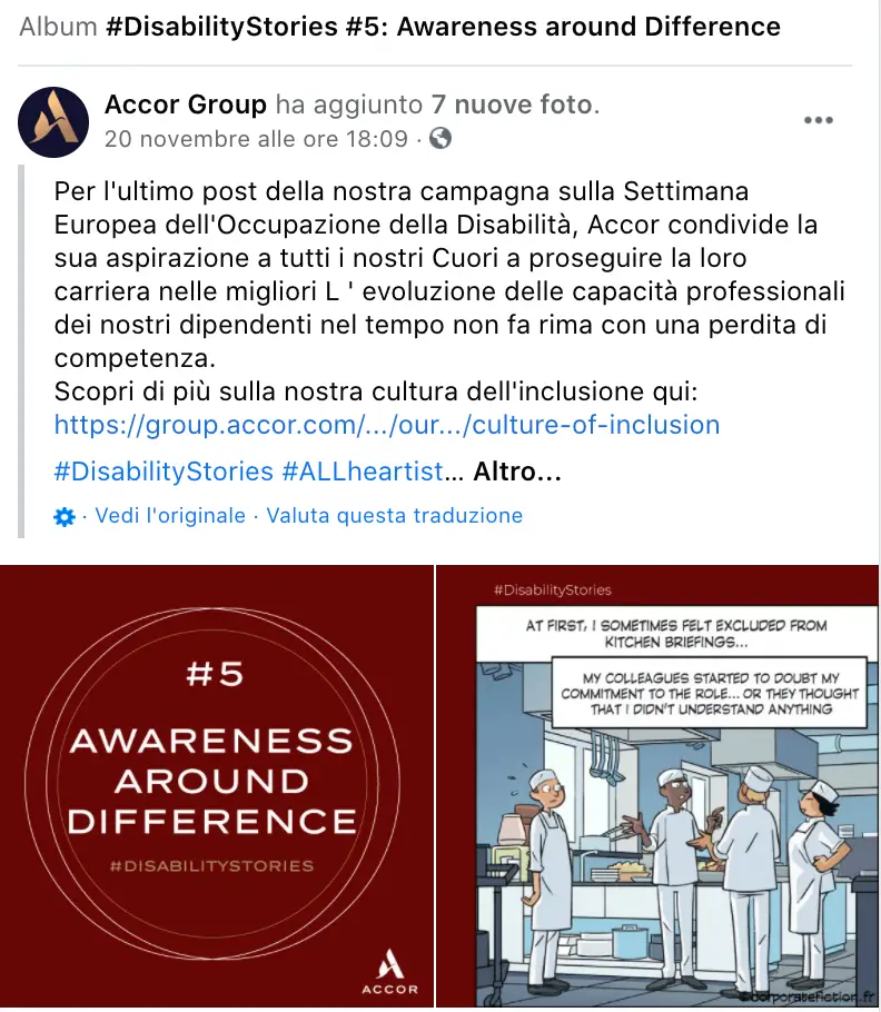 Post di Accor Group su Facebook che promuove la campagna #DisabilityStories con l'immagine di una vignetta che sensibilizza sulle differenze.
