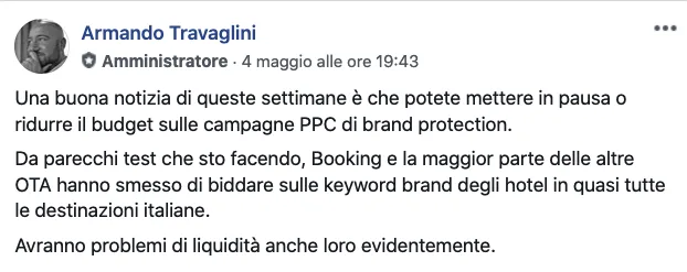 Post di Armando Travaglini su Facebook riguardante la riduzione del budget sulle campagne PPC di brand protection.
