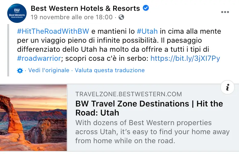 Post di Best Western su Facebook che promuove viaggi in Utah con l'hashtag #HitTheRoadWithBW e una foto di un paesaggio naturale.
