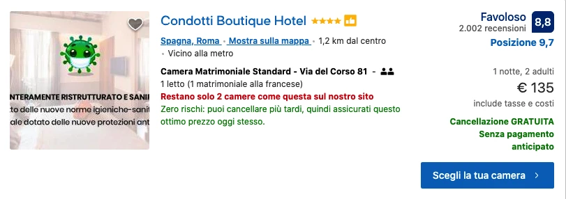 Condotti Boutique Hotel a Roma con nuove norme igieniche sanitarie.