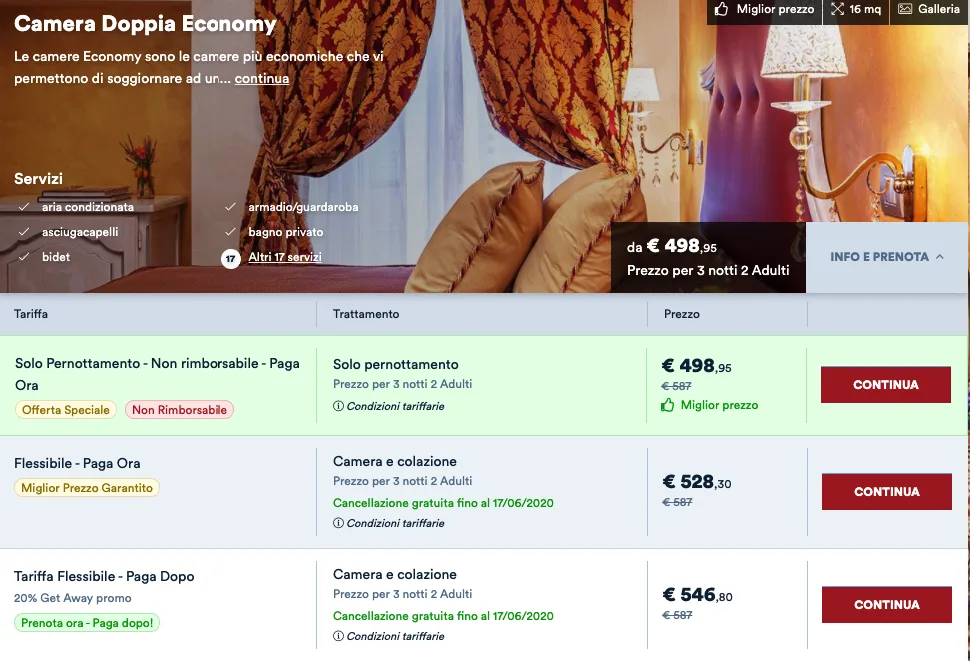 Offerta per una camera doppia economy con vari pacchetti e prezzi per 3 notti per 2 adulti, inclusi servizi e opzioni di cancellazione.
