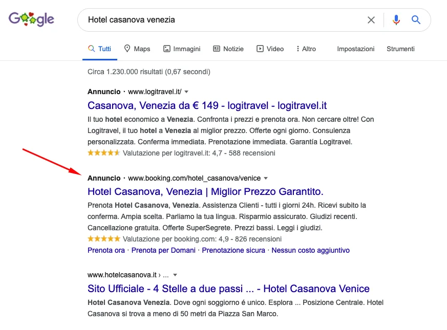 Risultati di ricerca per Hotel Casanova a Venezia con descrizioni delle offerte e dei servizi disponibili.