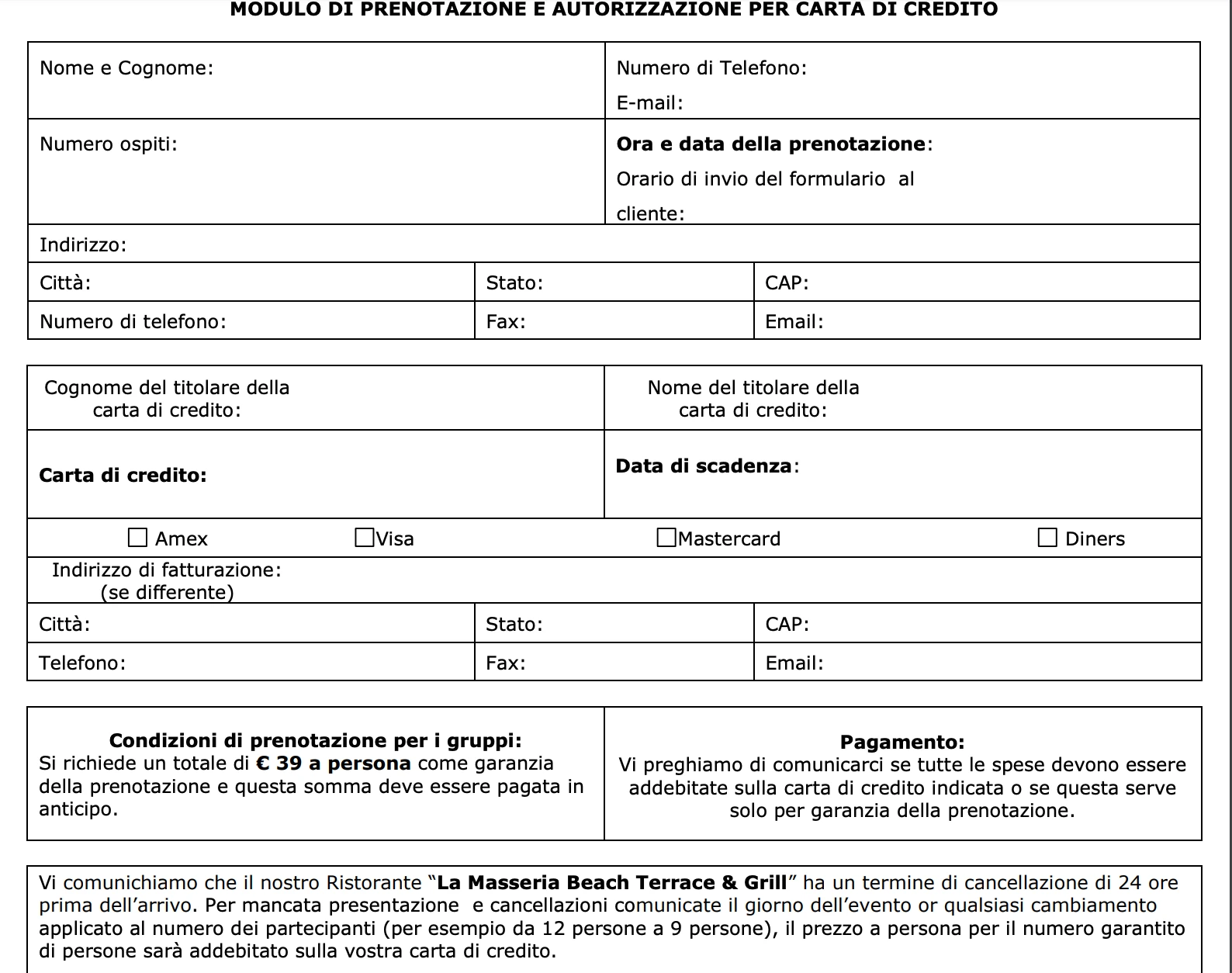 Modulo di prenotazione e autorizzazione per carta di credito con dettagli del titolare e condizioni di pagamento.