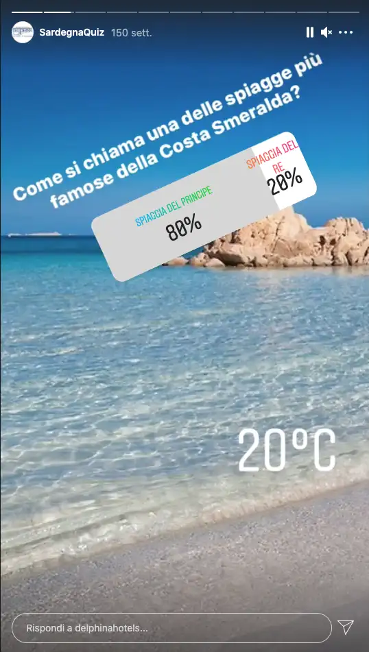 Storia di Instagram con quiz sulla spiaggia più famosa della Costa Smeralda con temperatura di 20 gradi.