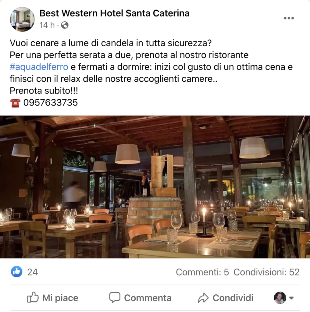 Ristorante con cena romantica a lume di candela presso l'Hotel Best Western Santa Caterina.