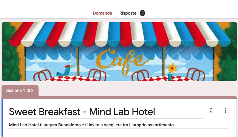 Screenshot di un sondaggio Google Forms intitolato "Sweet Breakfast - Mind Lab Hotel" con un'immagine di un caffè colorato come intestazione.