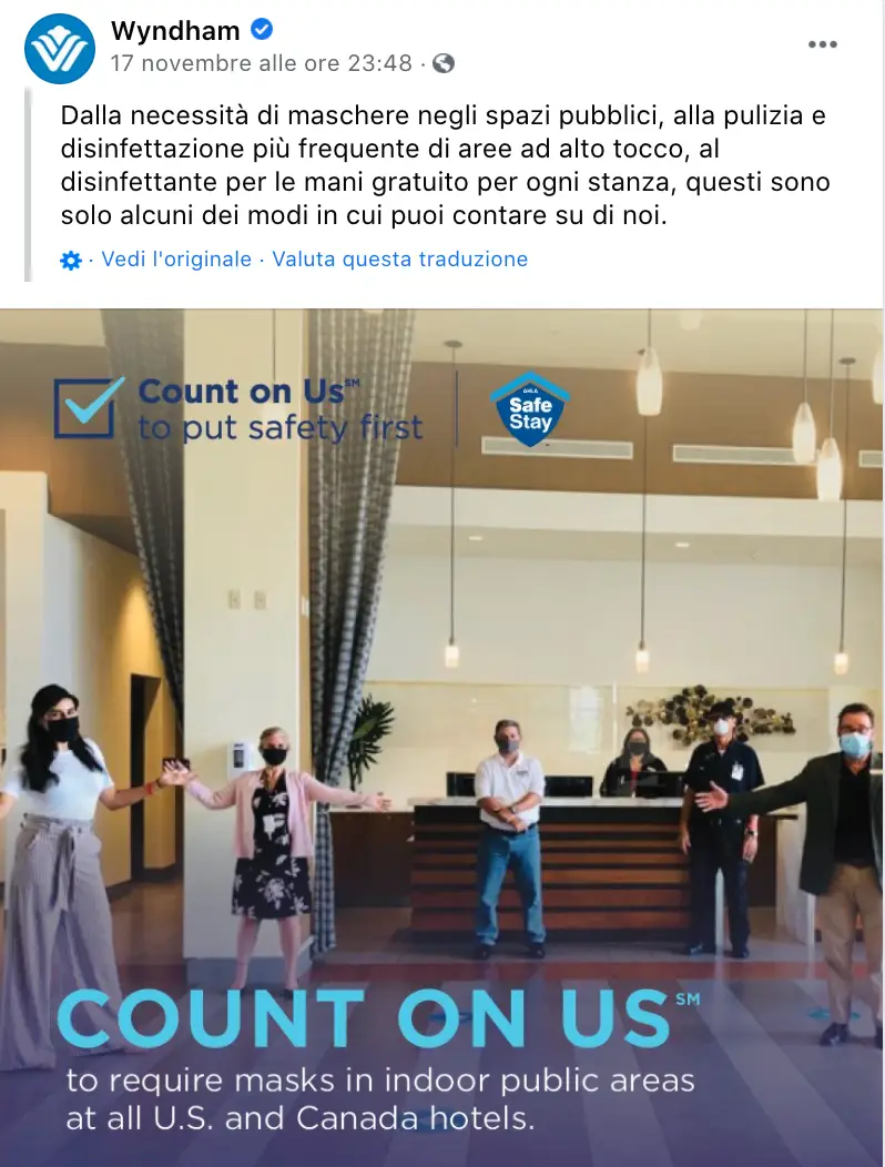 Wyndham Count on Us: Richiesta di mascherine e misure di sicurezza per la protezione degli ospiti e del personale.