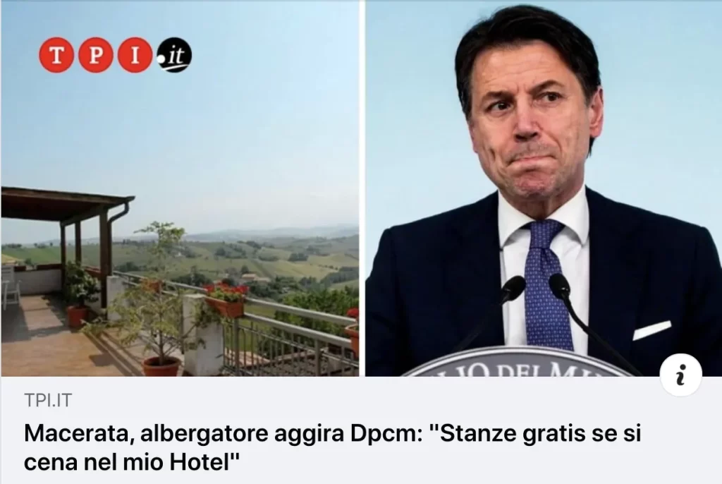 Offerta stanze gratis a Macerata: soggiorno gratuito in hotel con cena inclusa per aggirare il DPCM.
