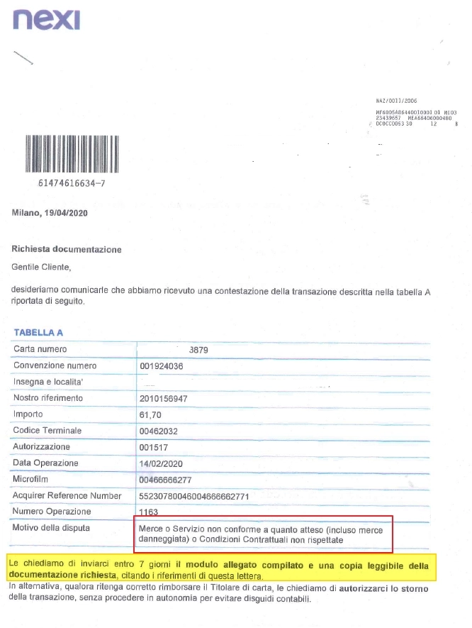 Lettera di richiesta documentazione da Nexi riguardante una contestazione di transazione.