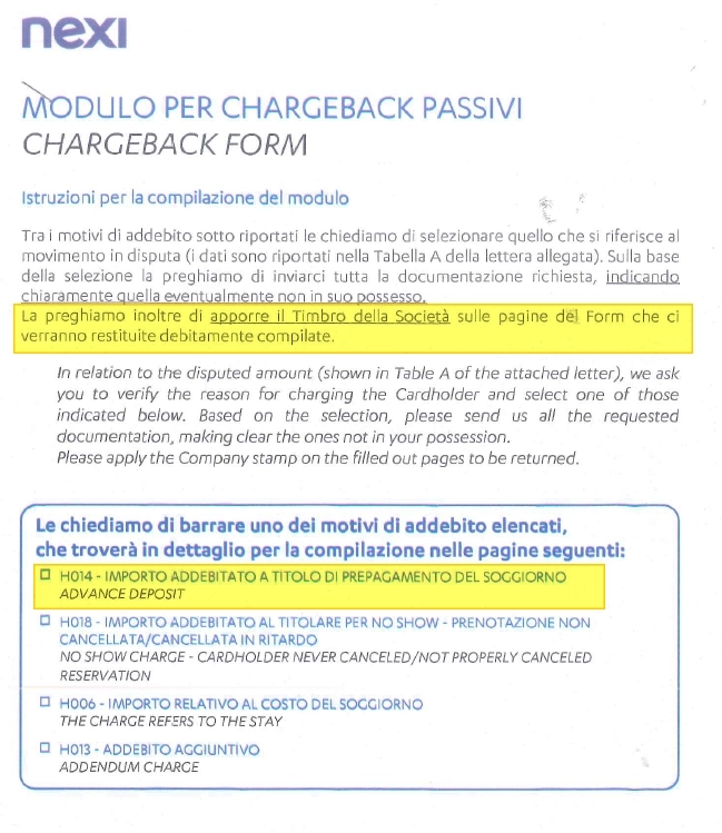 Modulo per chargeback passivi di Nexi con istruzioni per la compilazione e opzioni di motivi di addebito elencati.