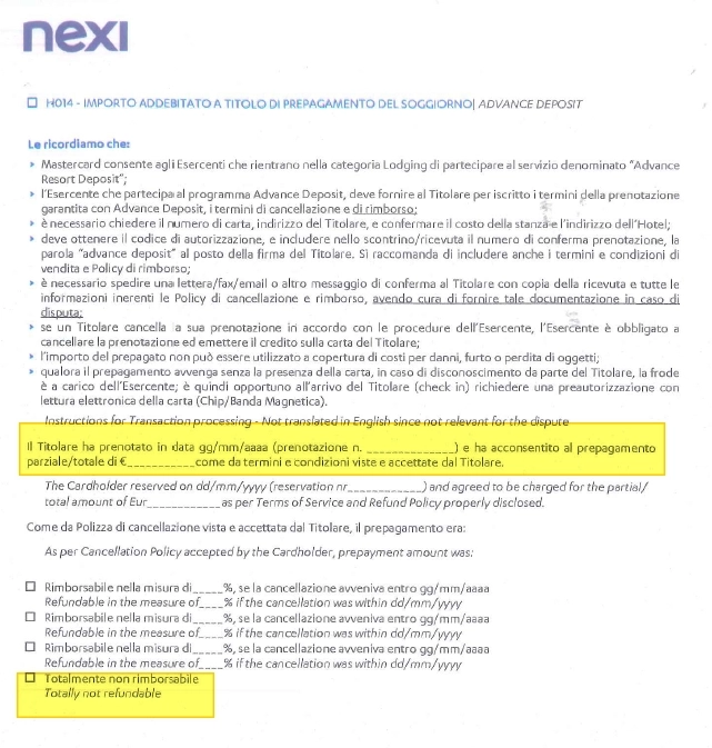 Modulo di Nexi che dettaglia le condizioni per l'importo addebitato a titolo di prepagamento del soggiorno.