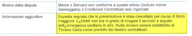 Dettaglio della lettera Nexi con informazioni aggiuntive sulla contestazione di una transazione Expedia.