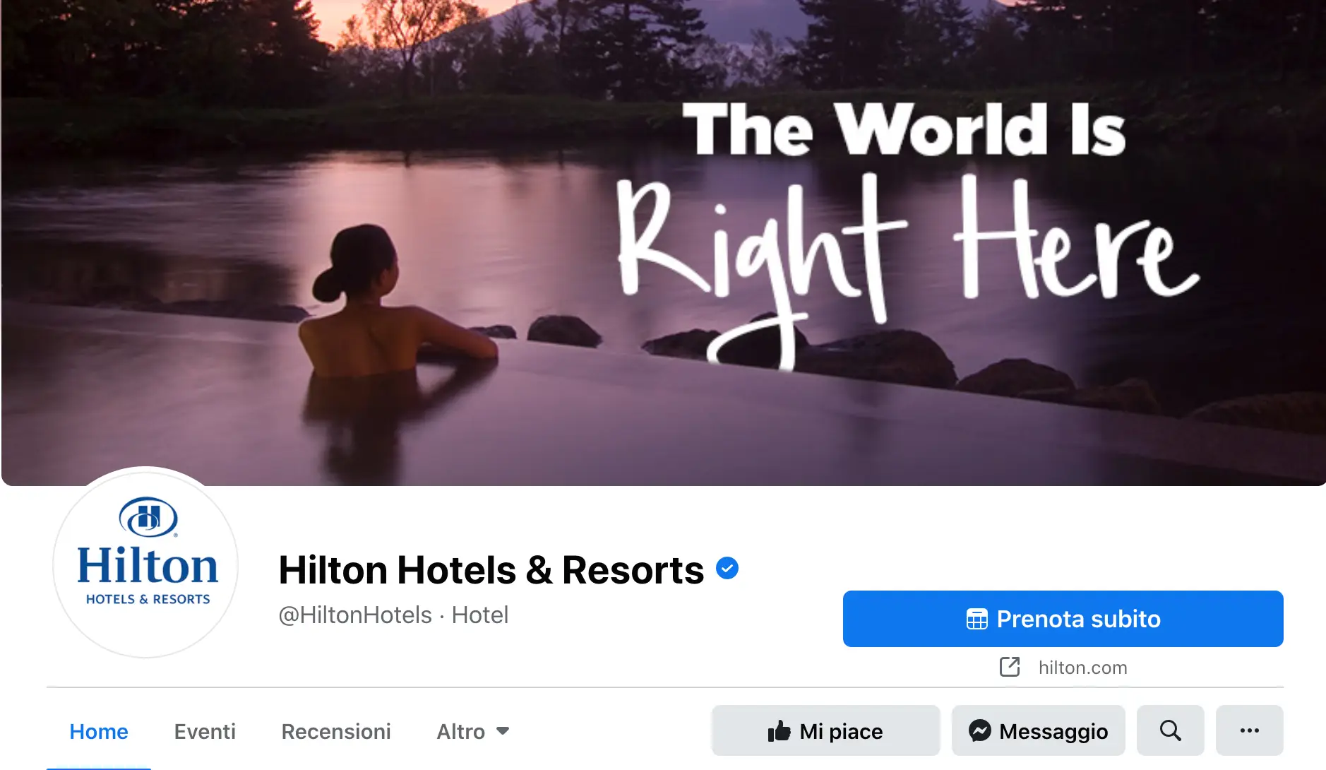 Pagina Facebook di Hilton Hotels & Resorts con l'immagine di una persona in una piscina naturale al tramonto e il testo "The World is Right Here".
