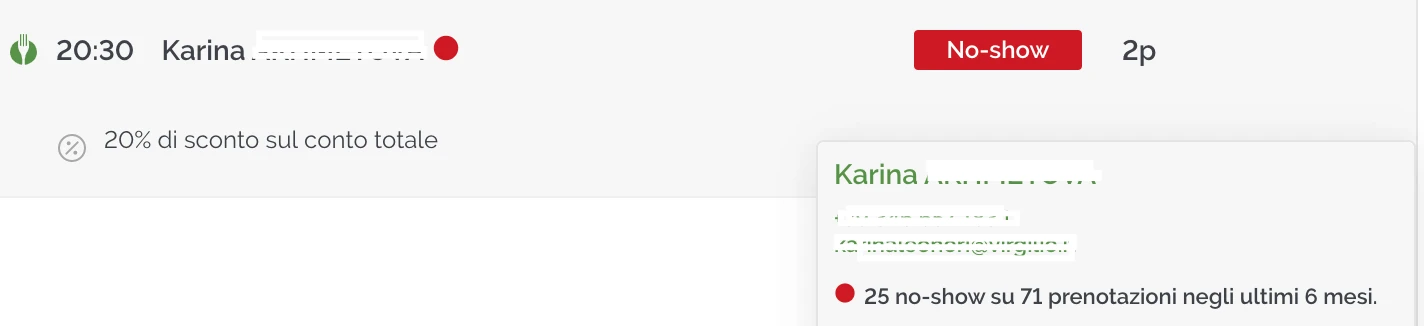 Ulteriori dettagli della prenotazione no-show di Karina su The Fork, con aggiornamento delle percentuali.
