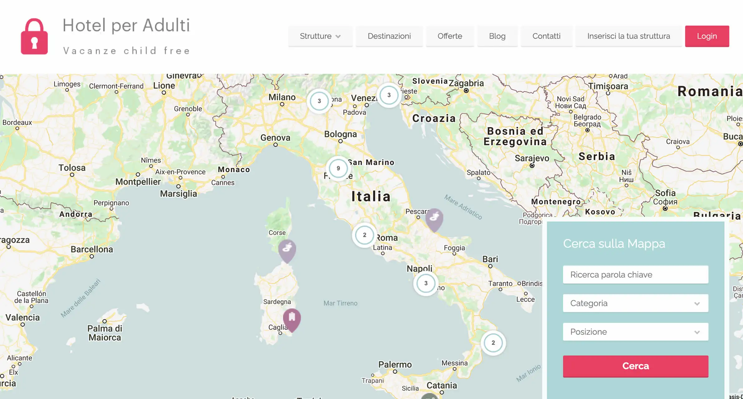 Mappa interattiva dell'Italia con le destinazioni degli hotel per adulti senza bambini, mostrando varie località.