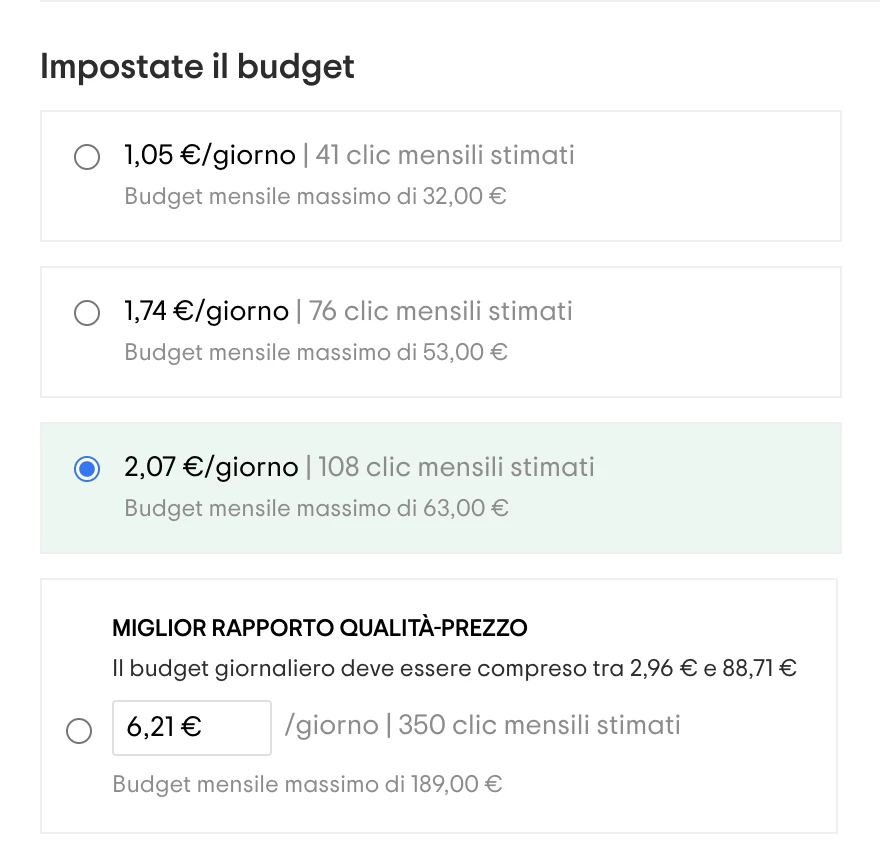 Impostate il budget giornaliero per la pubblicità su TripAdvisor con varie opzioni di costo e clic mensili.