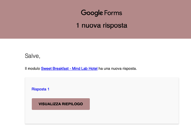 Screenshot di una notifica di Google Forms che informa su una nuova risposta al modulo intitolato "Sweet Breakfast - Mind Lab Hotel".