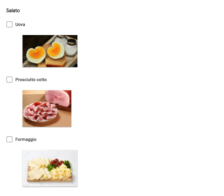 Screenshot di una sezione di un sondaggio con tre opzioni salate: uova, prosciutto cotto e formaggio, ognuna accompagnata da una rispettiva immagine.

