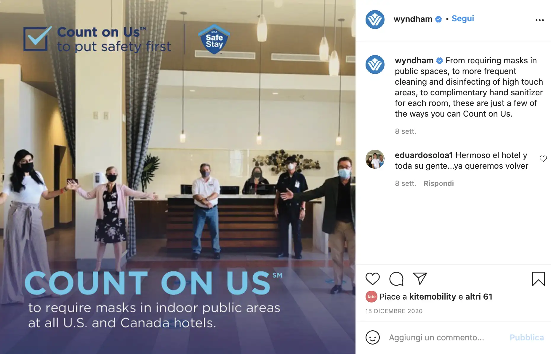 Personale dell'hotel Wyndham che dimostra le misure di sicurezza per il COVID-19 con mascherine e distanziamento.