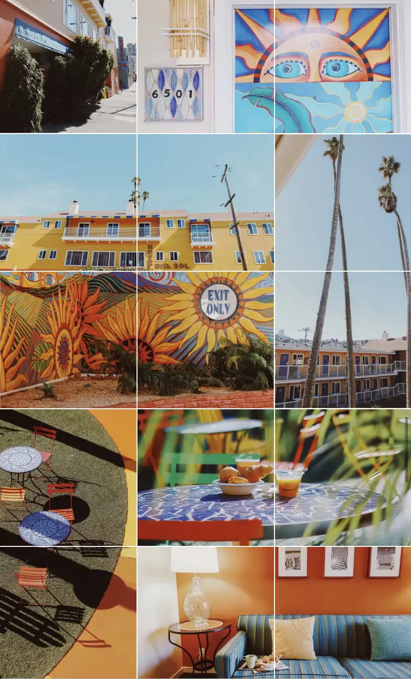 Mosaico colorato di fotografie di un hotel con murales, decorazioni solari, palme e tavoli all'aperto.