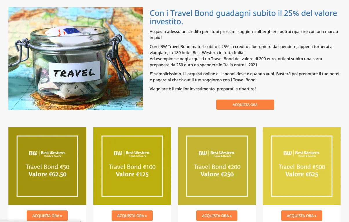 Offerta di Travel Bond di Best Western Hotels con un guadagno del 25% sul valore investito per soggiorni futuri in hotel Best Western in Italia.