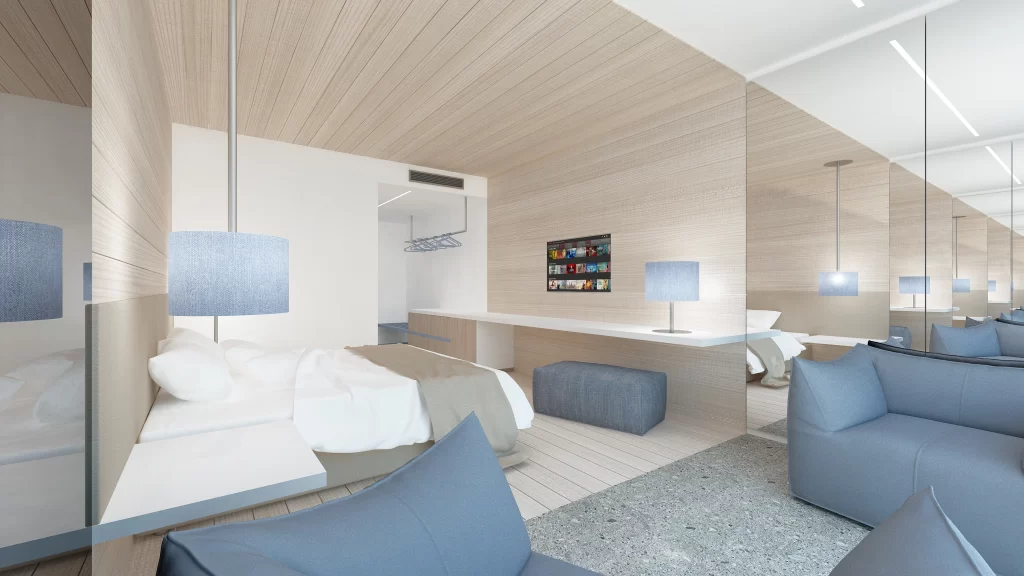 Immagine di una moderna camera d'hotel con arredamento minimalista, colori chiari, lampade da tavolo blu e un ambiente accogliente e luminoso.
