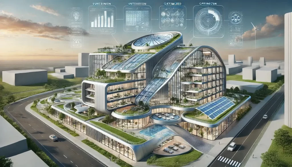 Progettazione generativa: Esempio di un Edificio futuristico ecosostenibile con pannelli solari e tecnologia smart.