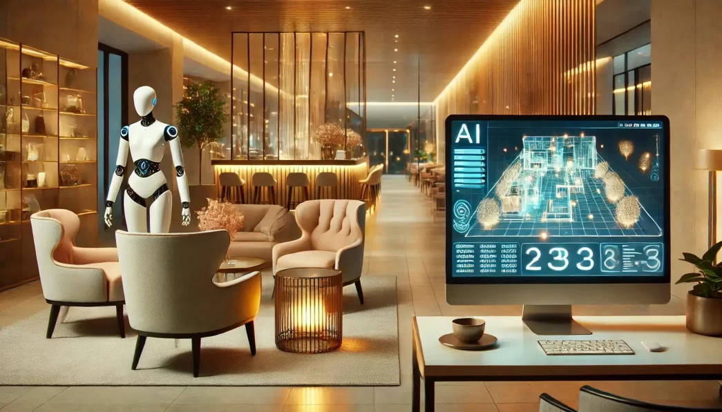 Robot in hotel di lusso con schermo che mostra un'interfaccia AI per il design dello spazio interno.