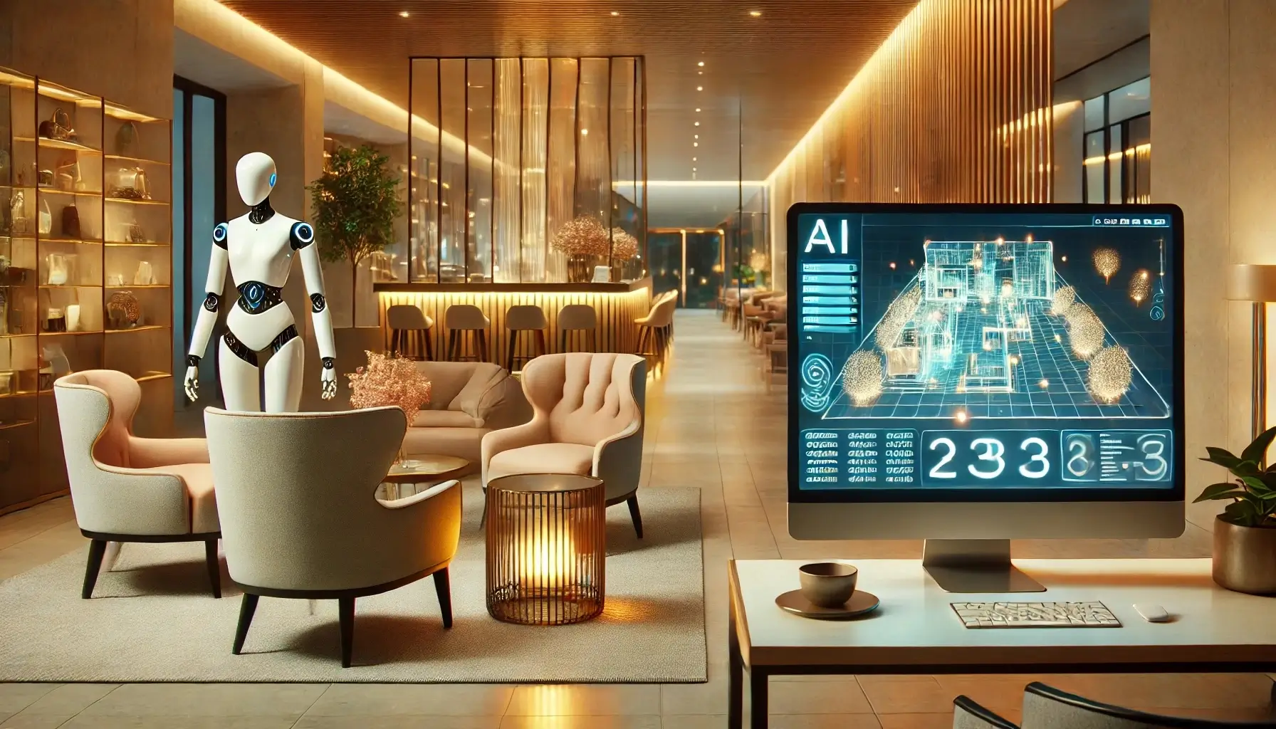 Robot in hotel di lusso con schermo che mostra un'interfaccia AI per il design dello spazio interno.