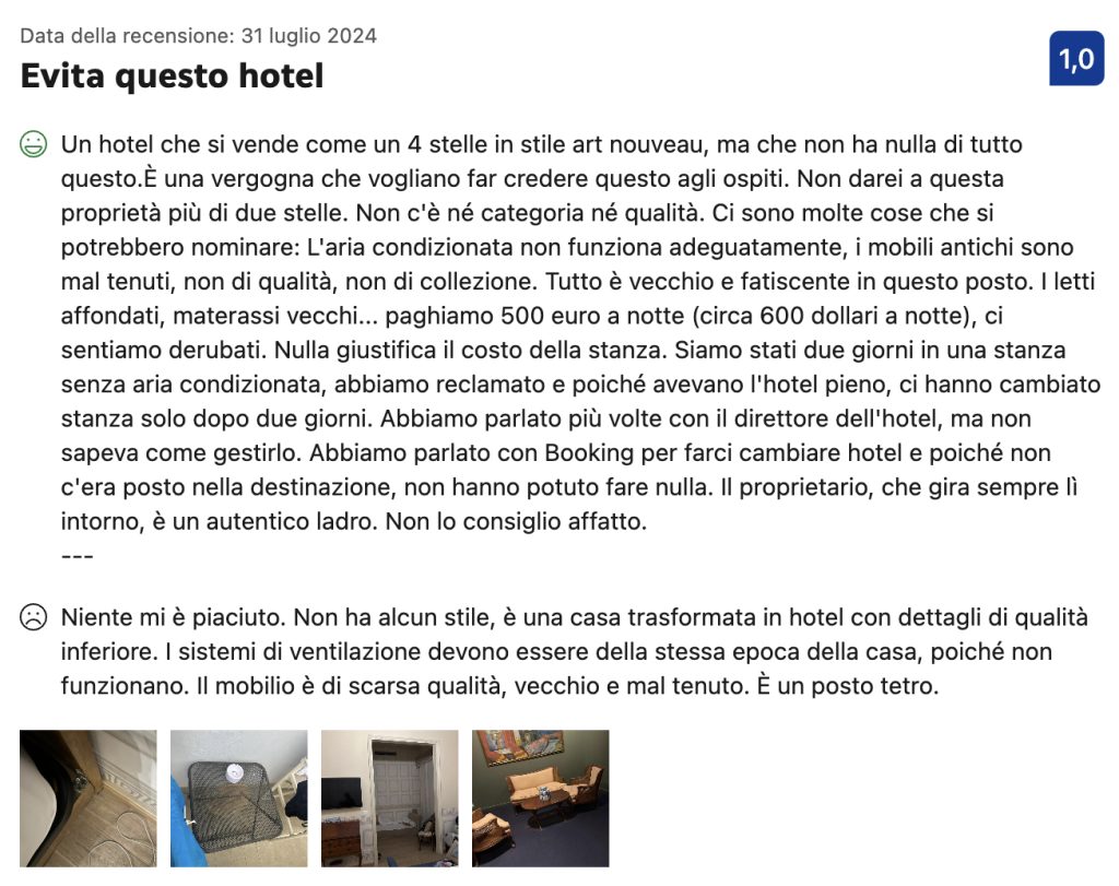 Recensione di hotel su Booking.com