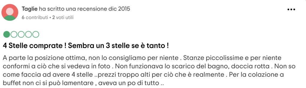 Recensione negativa di un hotel 4 stelle: stanze piccole, doccia rotta e prezzi elevati.
